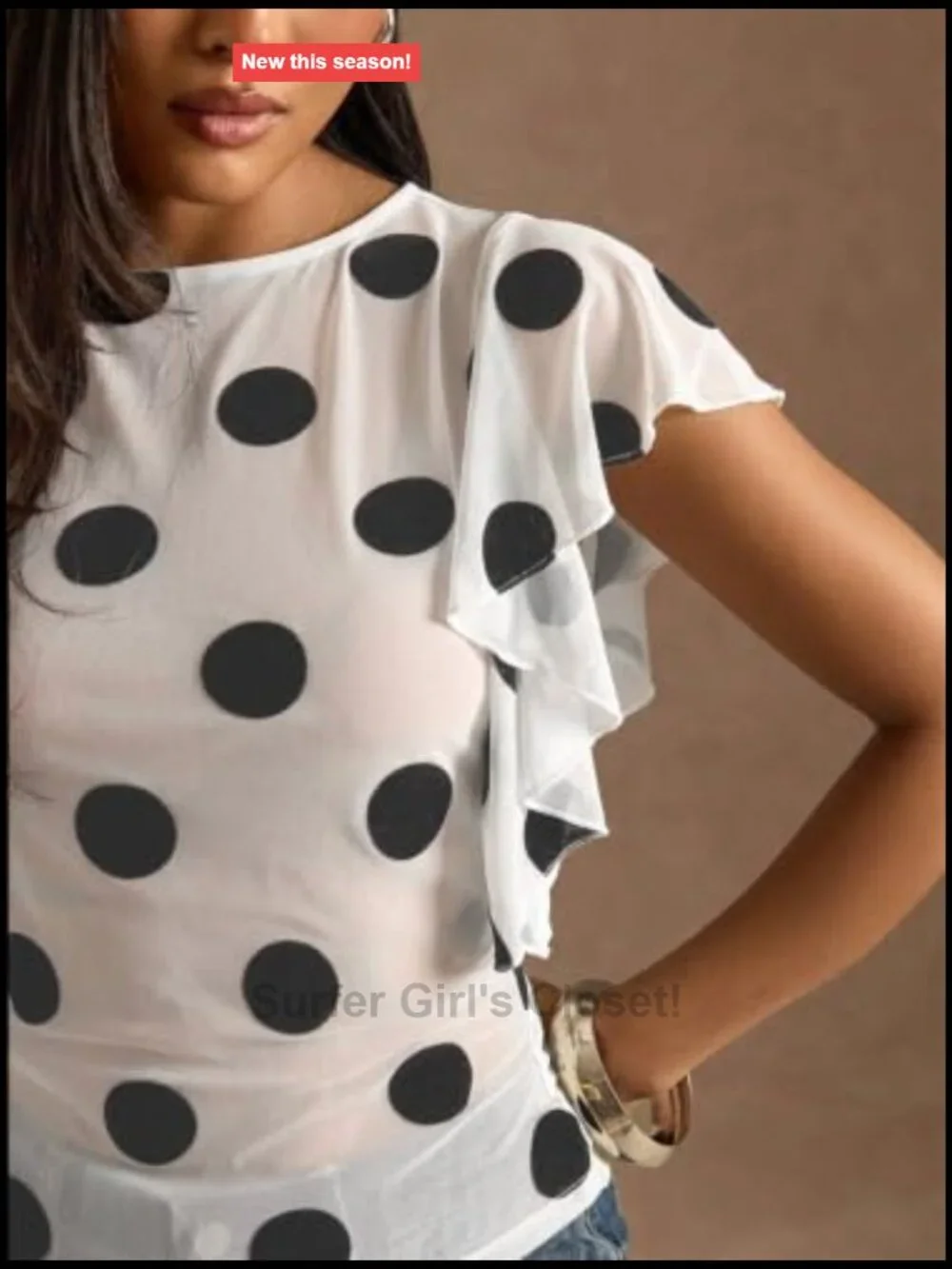 Women's Polka Dots Sheer Mesh Tank Top Ruffle Trim See Through Going Out Top